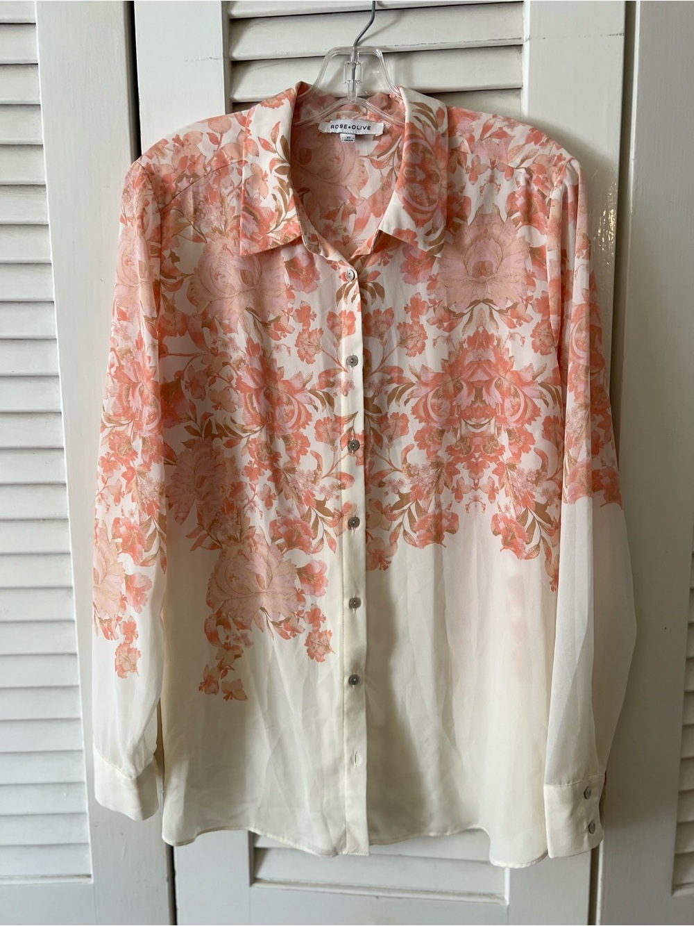 Rose & Olive Cream Button-Down Blouse with Coral Floral Print